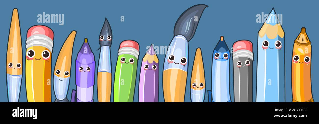 Cancelleria. Composizione orizzontale per un bordo su sfondo scuro. Matite e pennelli. Articoli per la creatività. Penne a sfera e gel. Allegro Illustrazione Vettoriale