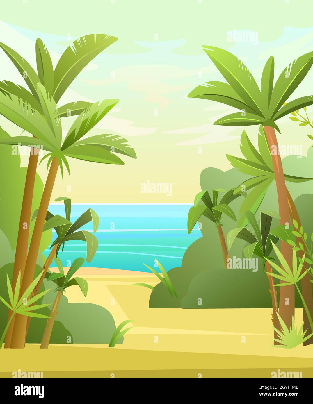 Bella spiaggia tropicale con palme. Sabbia e orizzonte marino. Stile cartoon flat. Bellissimo paesaggio estivo. Vettore. Illustrazione Vettoriale