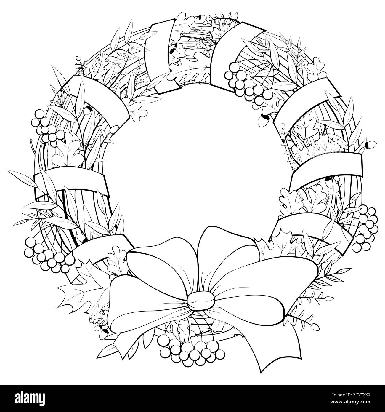 Corona di foglie, ghiande e rowan isolati su bianco. Cornice circolare vettoriale disegnata a mano monocromatica con linea nera. Modello per carta autunnale o libro da colorare. Illustrazione Vettoriale