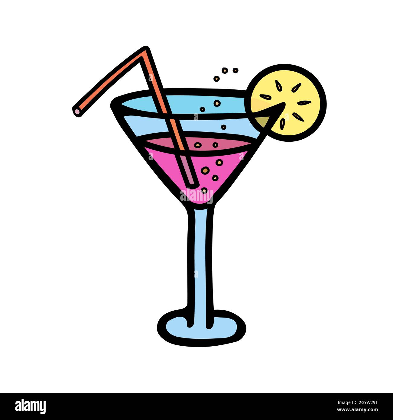 Illustrazione vettoriale colorata di un bicchiere con un cocktail, bolle e una fetta di limone, una paglia. Illustrazione Vettoriale