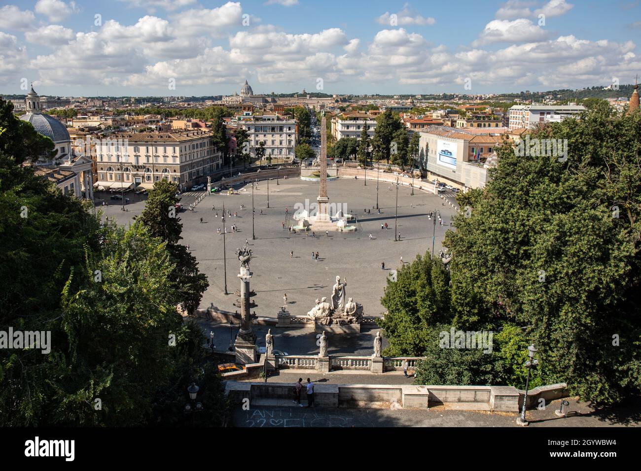 Vista ad alto angolo di Piazza del Popolo dalla Terrazza del Pincio a Roma Foto Stock