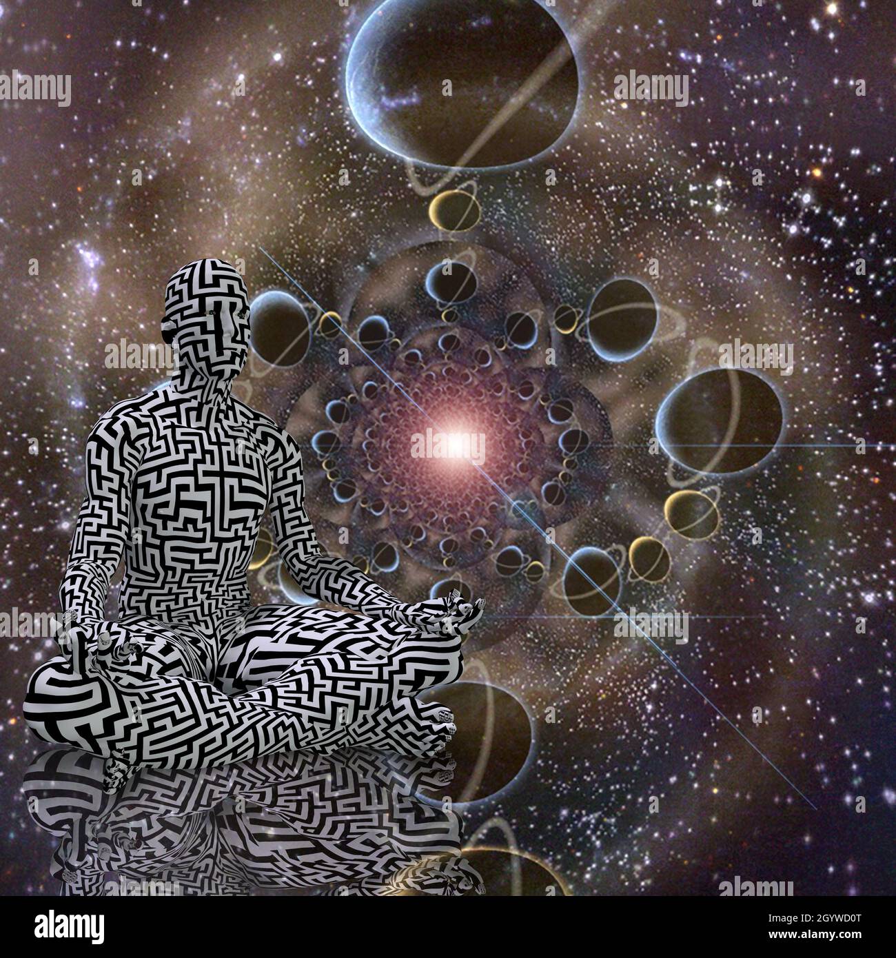 Meditazione. L'uomo con i modelli di labirinto in lotus posa in spazio frattale. Rendering 3D. Foto Stock