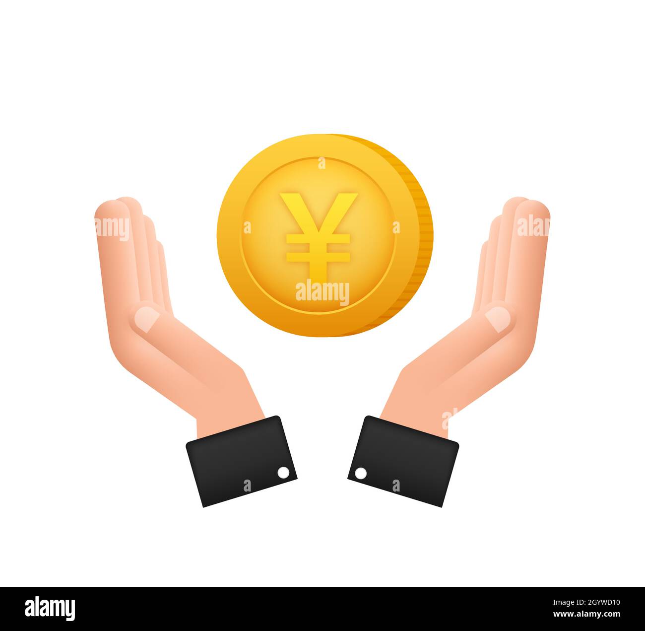 Yen moneta con le mani, grande disegno per tutti gli scopi. Illustrazione vettoriale di stile piatto. Icona valuta. Illustrazione Vettoriale
