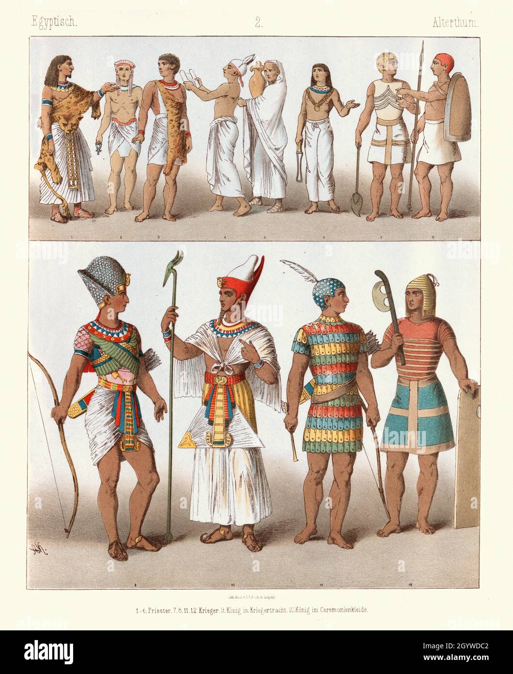 Costumi e moda dell'antico Egitto, sacerdoti, Guerrieri, Re in costume guerriero, Re in abito cerimoniale. Foto Stock