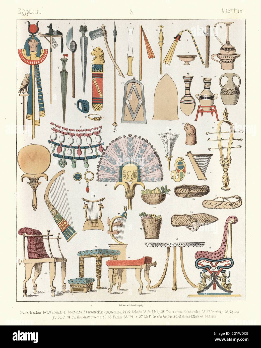 Esempi di antichi manufatti egiziani, sedie, mobili, armi, spade, assi, vasi, ceramiche Foto Stock