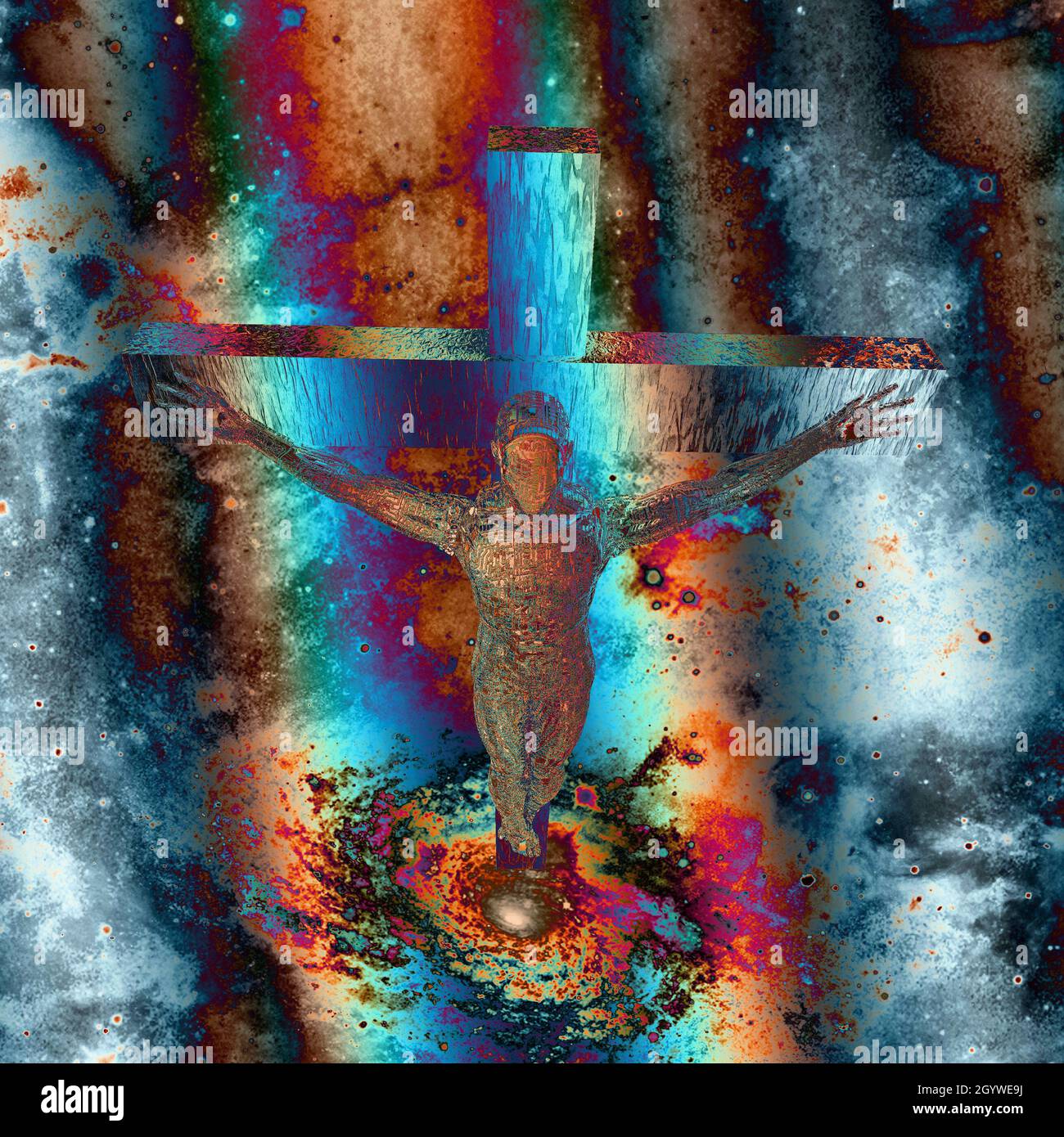 Cyborg crocifisso. Arte spirituale rendering 3D. Foto Stock