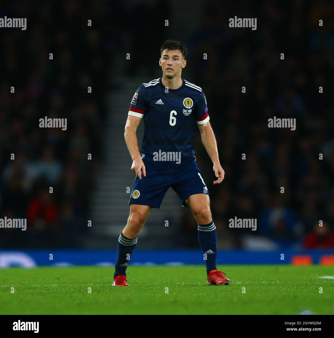 Hampden Park, Glasgow, Regno Unito. 9 Ott 2021. Qualificazione di calcio della Coppa del mondo FIFA, Scozia contro Israele; Kieran Tierney of Scotland Credit: Action Plus Sports/Alamy Live News Foto Stock