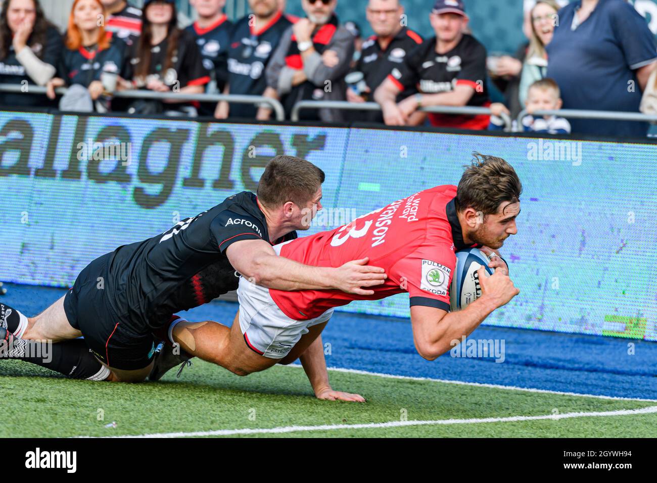 LONDRA, REGNO UNITO. 09th, Oct 2021. Ben Stevenson di Newcastle Falcons fa una prova per il suo fianco durante la Gallagher Premiership Rugby Round 4 Match tra Saracens vs Newcastle Falcons allo StoneX Stadium sabato 09 ottobre 2021. LONDRA INGHILTERRA. Credit: Taka G Wu/Alamy Live News Foto Stock