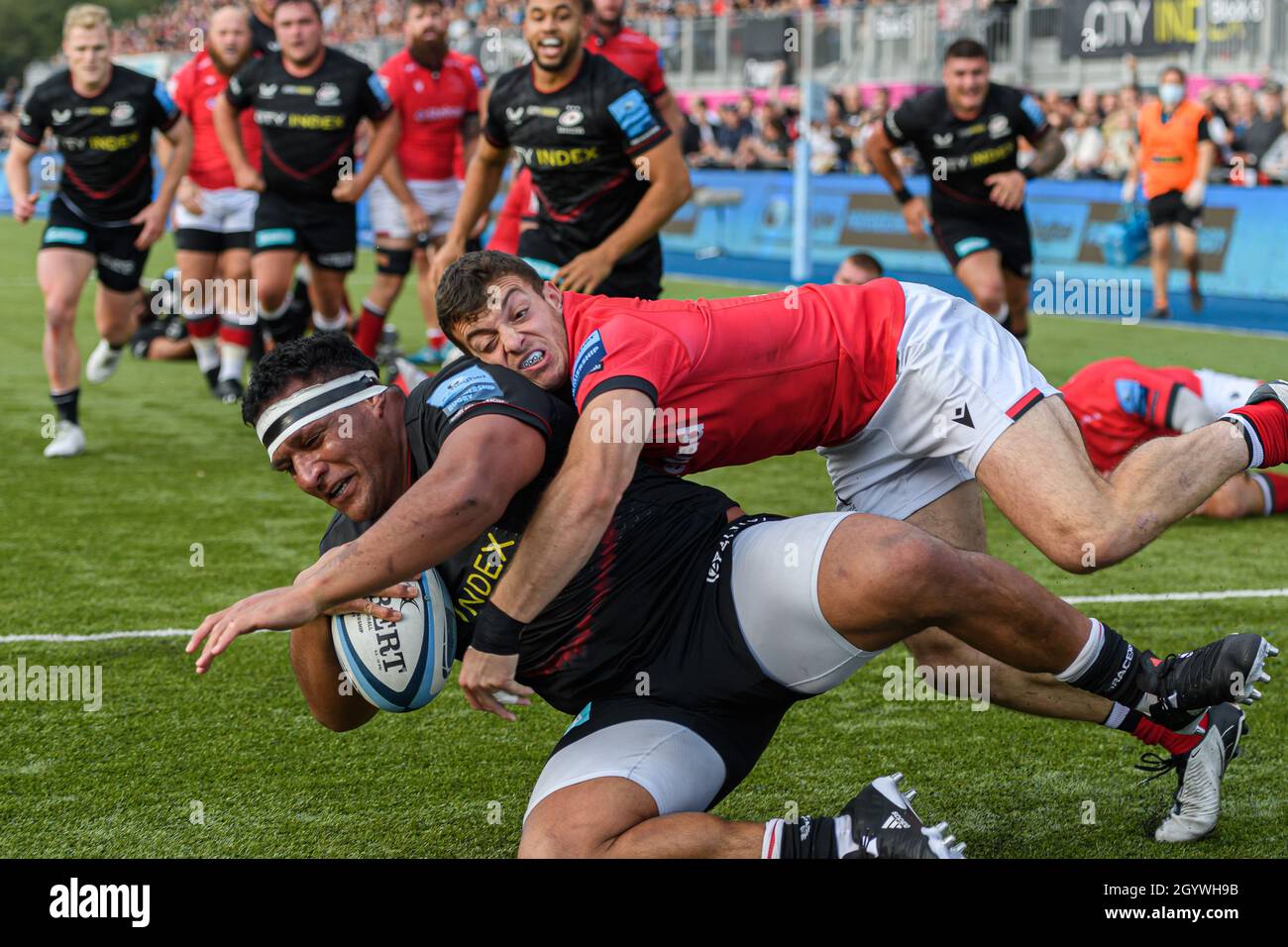 LONDRA, REGNO UNITO. 09th, Oct 2021. Mako Vunipola di Saracens segna una prova durante Gallagher Premiership Rugby Round 4 Match tra Saracens vs Newcastle Falcons allo StoneX Stadium il sabato 09 ottobre 2021. LONDRA INGHILTERRA. Credit: Taka G Wu/Alamy Live News Foto Stock