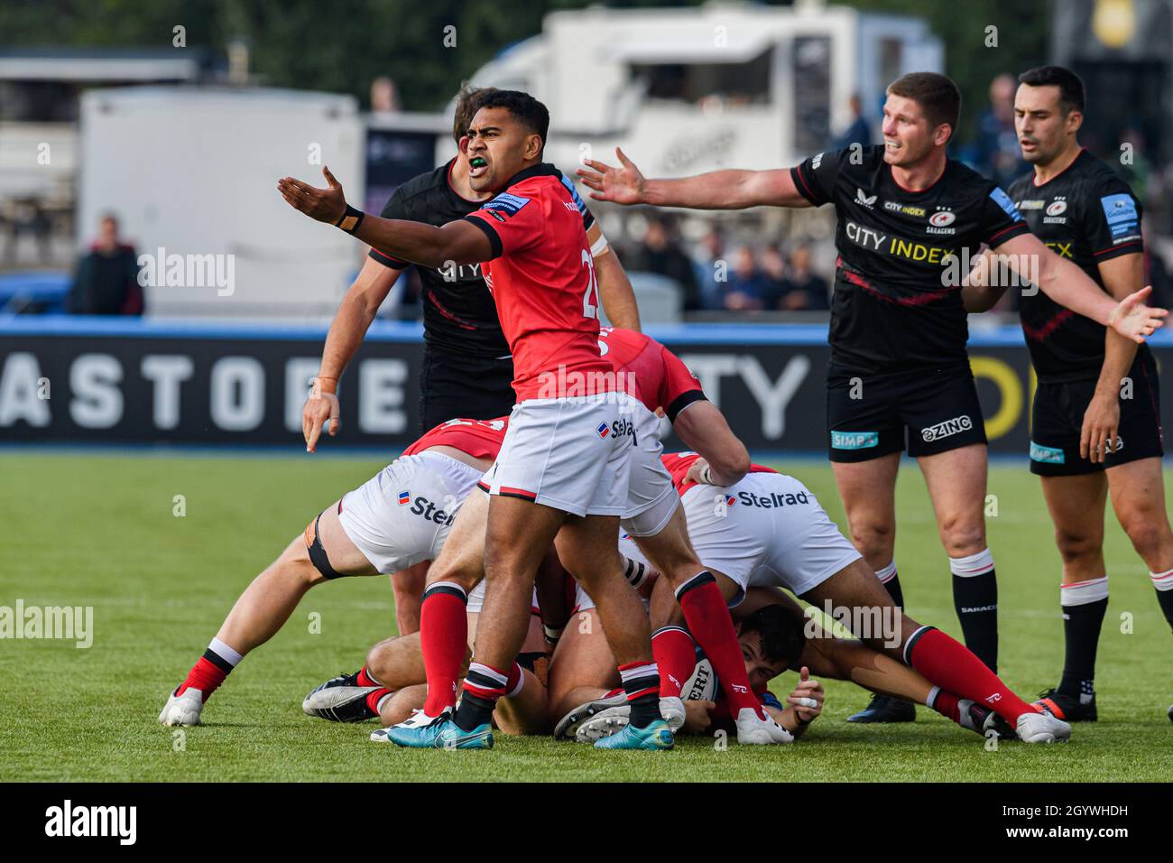 LONDRA, REGNO UNITO. 09th, Oct 2021. Cameron Nordli-Kelemeti di Newcastle Falcons ha reagito durante la Gallagher Premiership Rugby Round 4 Match tra Saracens vs Newcastle Falcons allo StoneX Stadium il sabato 09 ottobre 2021. LONDRA INGHILTERRA. Credit: Taka G Wu/Alamy Live News Foto Stock