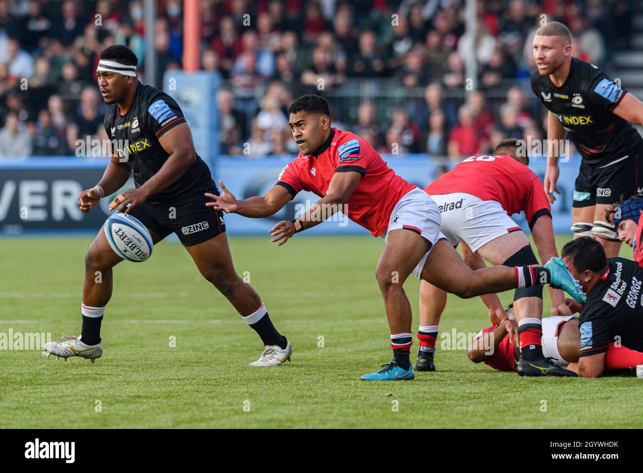LONDRA, REGNO UNITO. 09th, Oct 2021. Cameron Nordli-Kelemeti di Newcastle Falcons in azione durante la Gallagher Premiership Rugby Round 4 Match tra Saracens vs Newcastle Falcons allo StoneX Stadium sabato 09 ottobre 2021. LONDRA INGHILTERRA. Credit: Taka G Wu/Alamy Live News Foto Stock