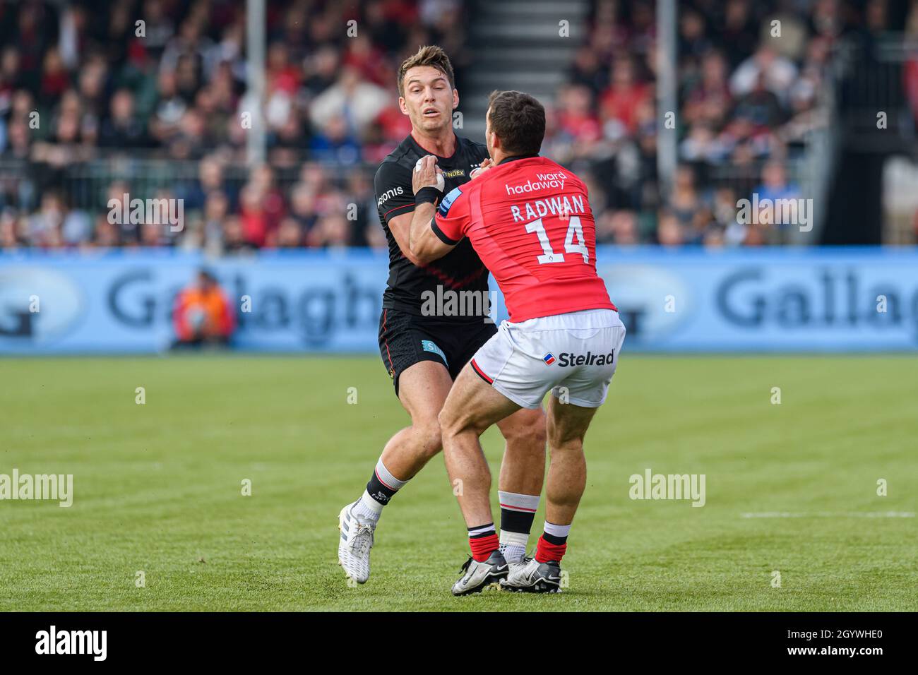 LONDRA, REGNO UNITO. 09th, Oct 2021. Alex Lewington di Saracens è affrontato durante Gallagher Premiership Rugby Round 4 Match tra Saracens vs Newcastle Falcons allo StoneX Stadium il sabato 09 ottobre 2021. LONDRA INGHILTERRA. Credit: Taka G Wu/Alamy Live News Foto Stock