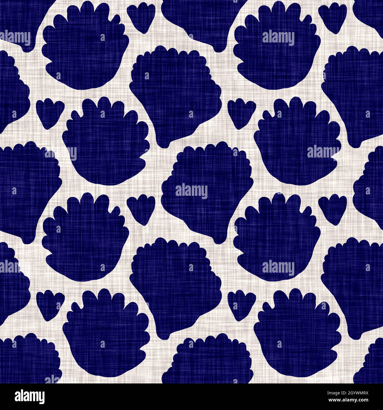 Indigo blu fogliame blocco stampa tinto lino texture sfondo. Ripetizione batik tessuto giapponese senza cuciture. Sfocatura floreale organica stressata Foto Stock