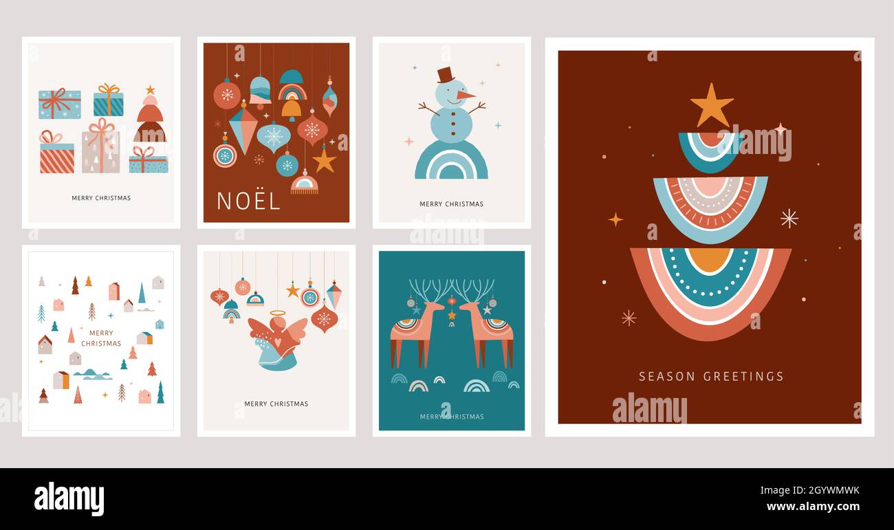 Allegro Boho di Natale, collezione boema. Disegno e illustrazione vettoriale alla moda di Natale. Arcobaleni, decorazioni ed elementi invernali nordici Illustrazione Vettoriale