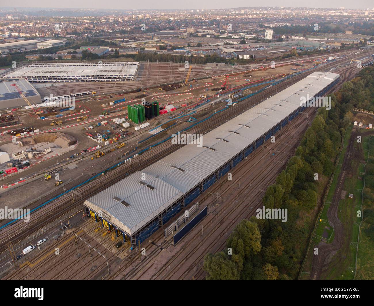 Hitachi North Pole Train Maintenance Centre presso Old Oak Common, Londra, Inghilterra Foto Stock