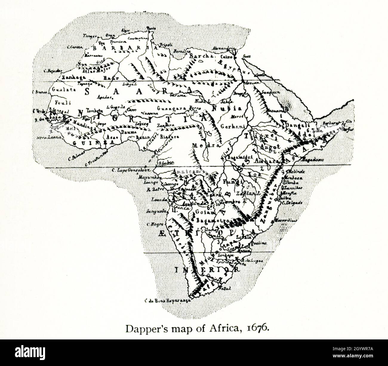 Questa mappa di Dapper mostra l'Africa nel 1686. Olfert Dapper (1636 – 1689) è stato un . Ha scritto libri sulla storia e la geografia del mondo, anche se non ha mai viaggiato al di fuori dei Paesi Bassi. La sua “Descrizione dell’Africa”, pubblicata nel 1668), è un testo chiave per gli studi africani – e questa mappa ha accompagnato il testo. Foto Stock