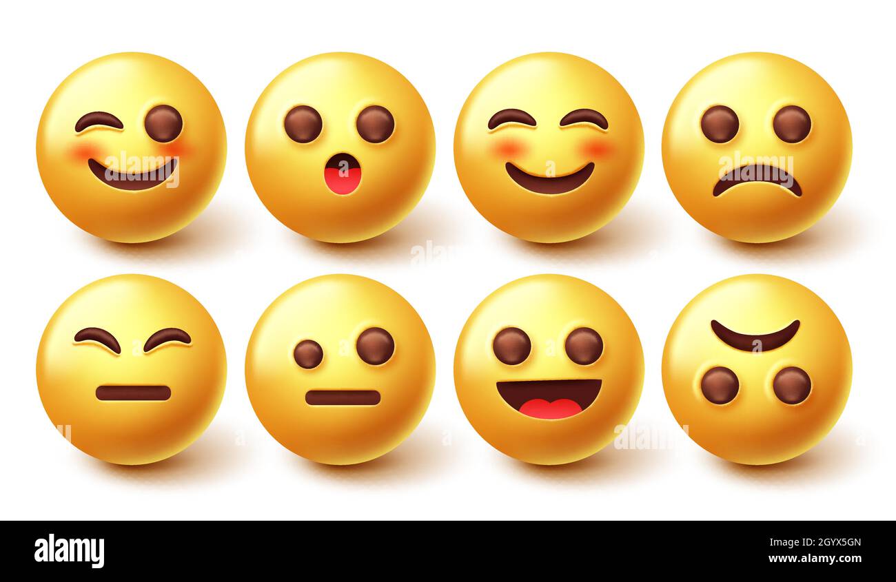 Set vettore di caratteri emoji. Emoticon 3d in Happy and Sad Face collection isolato su sfondo bianco per l'espressione grafica emojis. Illustrazione Vettoriale
