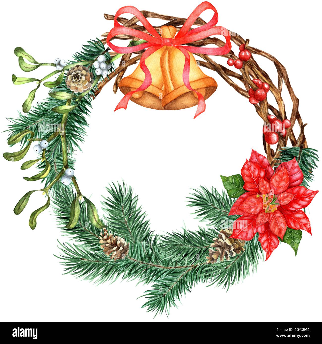 Natale e Capodanno. Corona di Gossip di abete rosso, rami di pino, rametti di vischio, coni, poinsettia, campane con arco rosso. Isolato su bianco Foto Stock