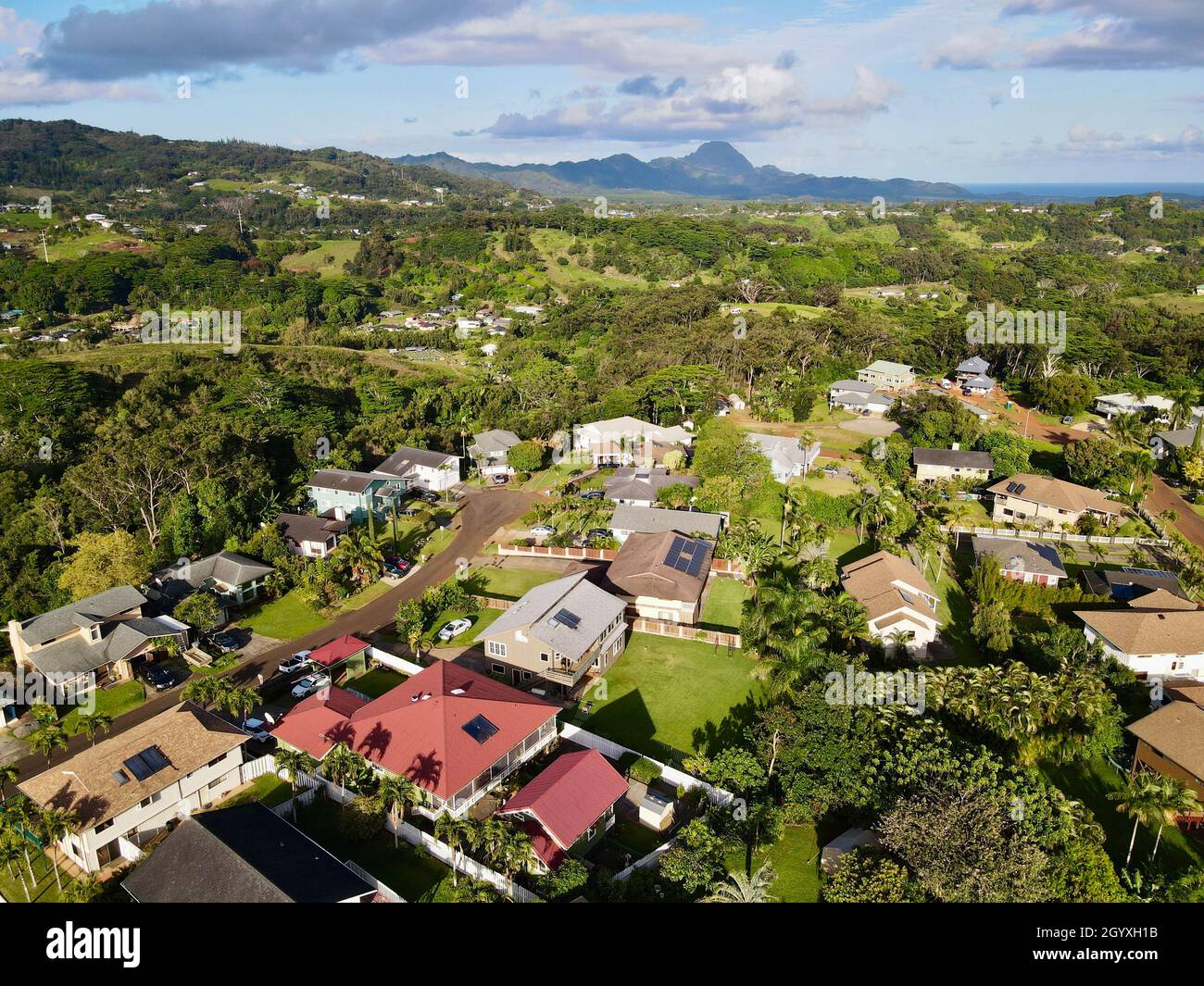 Veduta aerea di Kalaheo su Kauai Foto Stock