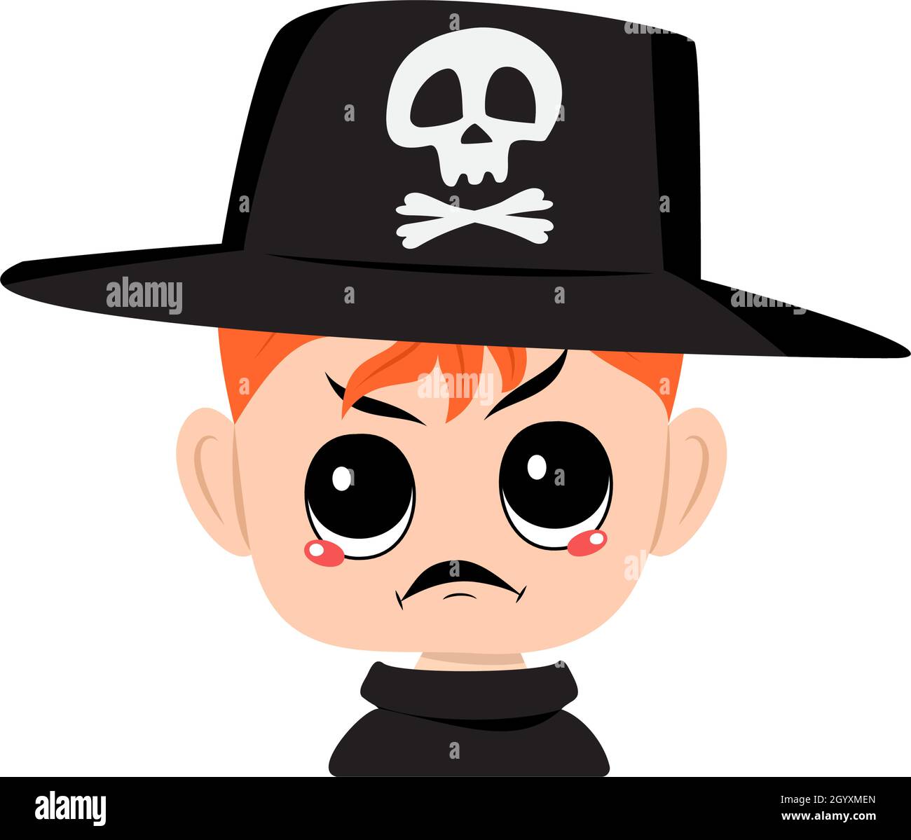 Avatar di ragazzo con capelli rossi, emozioni arrabbiate, viso grumpy, occhi furiosi in cappello con cranio. Capretto carino con espressione furiosa in costume da carnevale. Decorazione di festa di Halloween Illustrazione Vettoriale