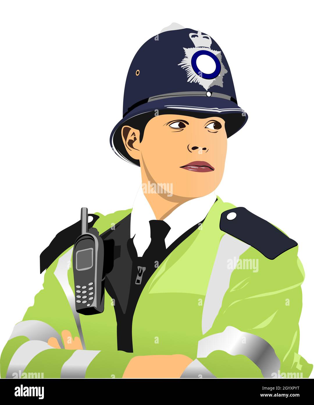 Poliziotto londinese con radio walkie-talkie. Illustrazione vettoriale 3d Illustrazione Vettoriale