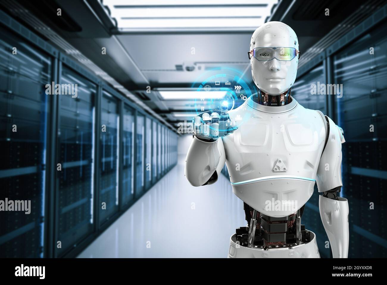 Server di automazione con robot di rendering 3d in funzione nella sala server Foto Stock