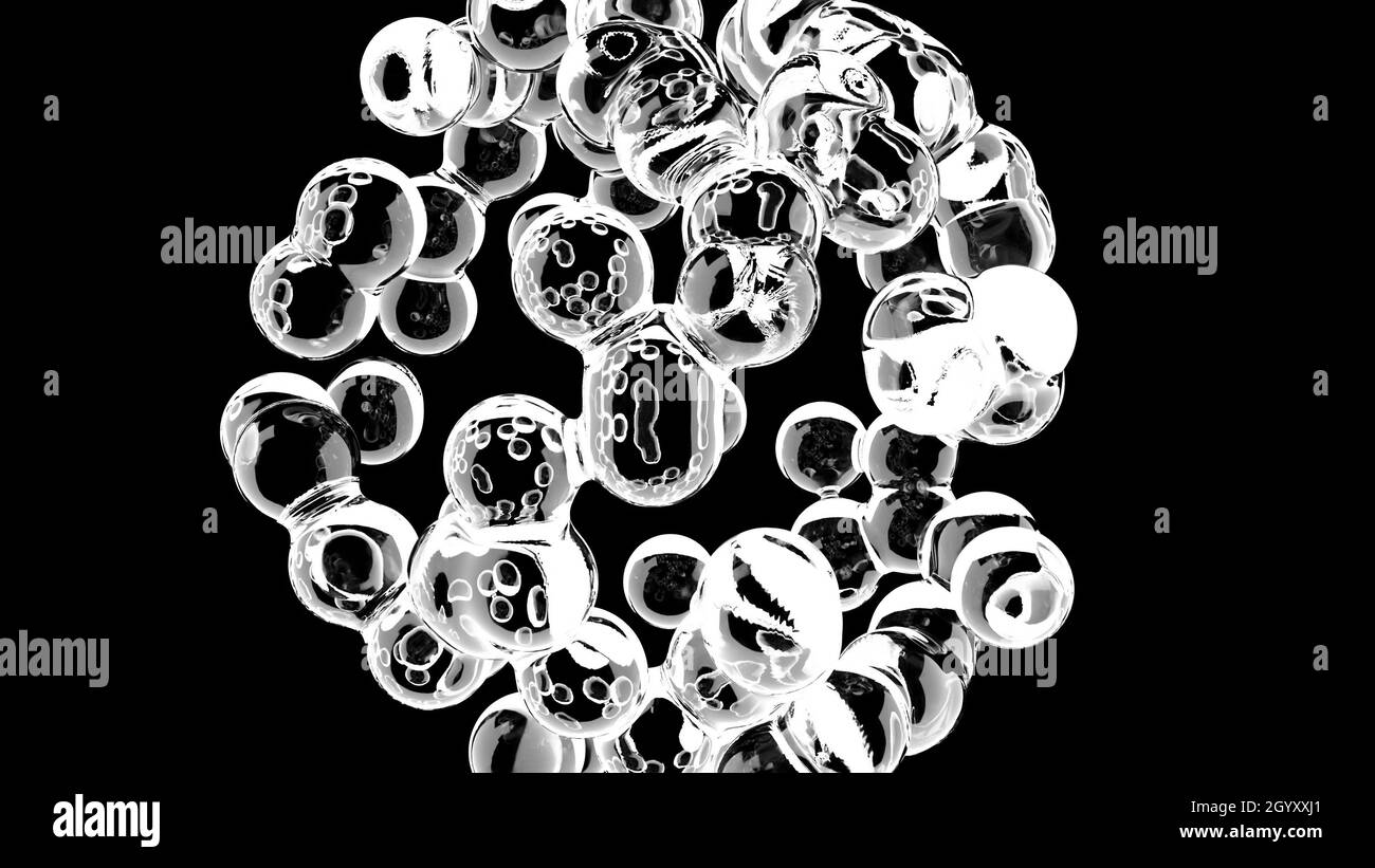 Metaballs bolle di liquido su sfondo nero particelle di acqua dolce 3d rendering Foto Stock