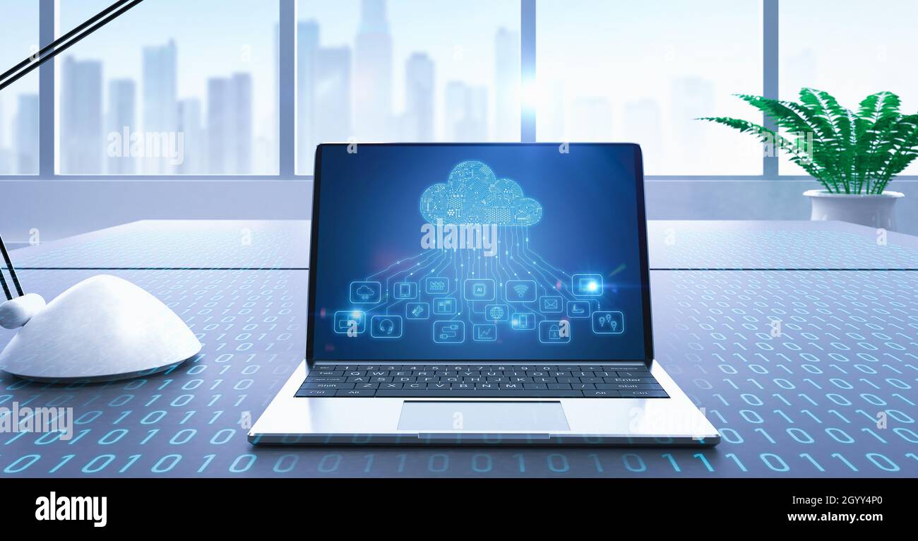 Tecnologia di cloud computing con circuito cloud su notebook in ufficio Foto Stock