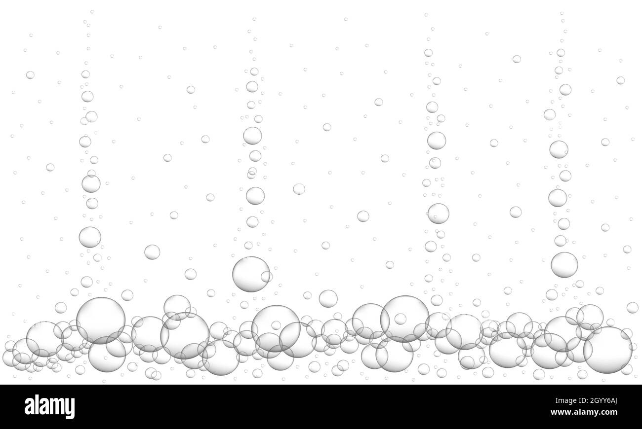 Sfondo bolle subacquee. Bevanda gassata frizzante, birra, champagne, seltzer, cola, soda, tessuto di limonata. Acqua di mare o acquario. Illustrazione vettoriale realistica. Illustrazione Vettoriale