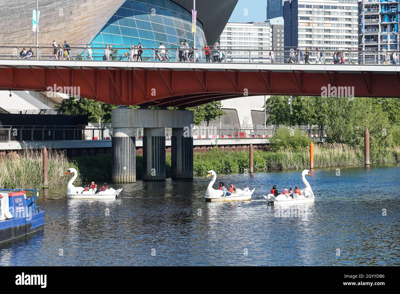 La gente gode di una giornata di sole in cigno pedalos sul fiume Lea al Queen Elizabeth Olympic Park, Londra Inghilterra Regno Unito Foto Stock La gente gode di una giornata di sole in cigno pedalos sul fiume Lea al Queen Elizabeth Olympic Park, Londra Inghilterra Regno Unito Foto Stock