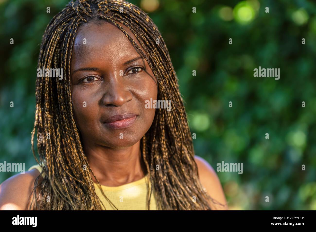 Ritratto all'aperto di attraente donna di mezza età africana o afroamericana di mezza età con capelli intrecciati in trecce Foto Stock