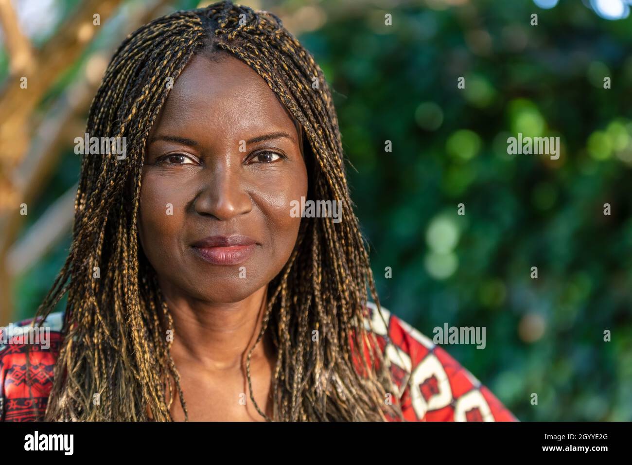 Donna di mezza età africana o afroamericana attraente, donna in Africa, con capelli intrecciati in trecce, indossando abiti tradizionali Foto Stock