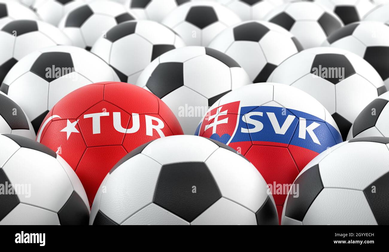 Partita di calcio Turchia vs Slovacchia - sfere di pelle in Turchia e Slovacchia colori nazionali. Rendering 3D Foto Stock