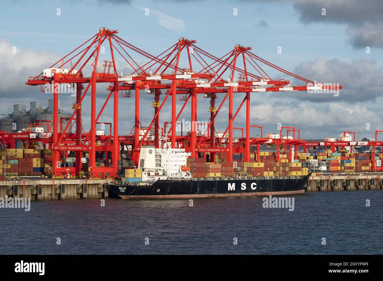 La nave container MSC Joy è ormeggiata a Peel Ports Liverpool UK Foto Stock