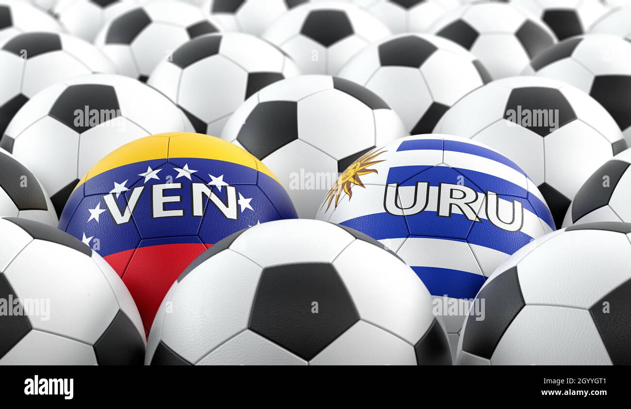 Partita di calcio Uruguay vs Venezuela - sfere di pelle in Uruguay e Venezuela colori nazionali. Rendering 3D Foto Stock