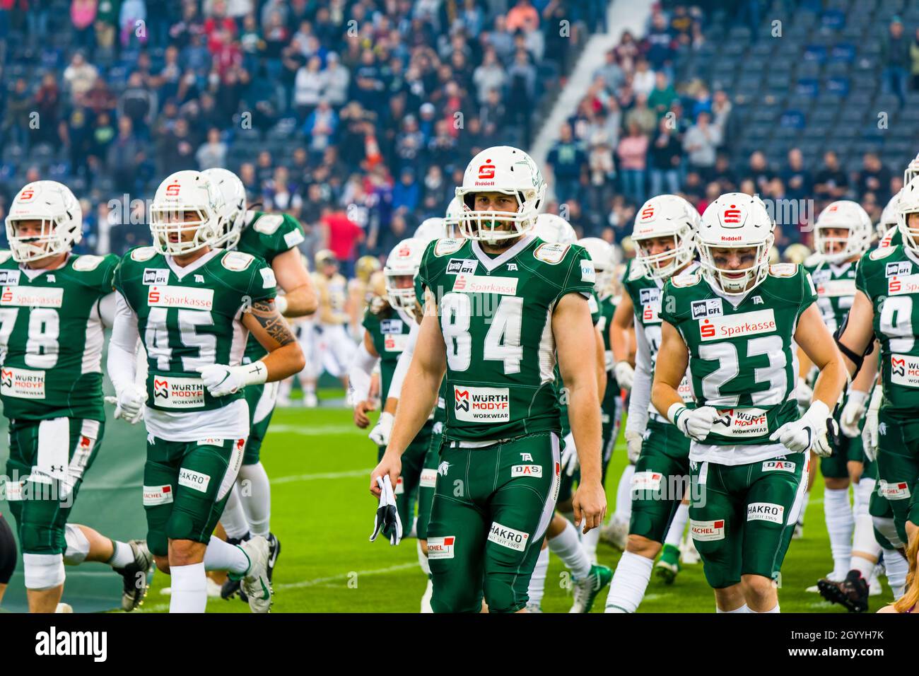 Einlauf der Schwäbisch Hall Unicorns - C # 78 Moritz Schreiber, DE # 45 Kai Tahsinoglou, TE # 84 Moritz Böhringer, CB # 23 Niclas Lux Foto Stock