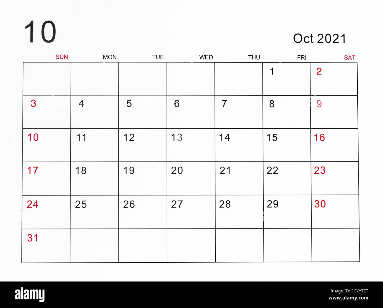 Il modello di calendario di ottobre 21 Foto stock - Alamy