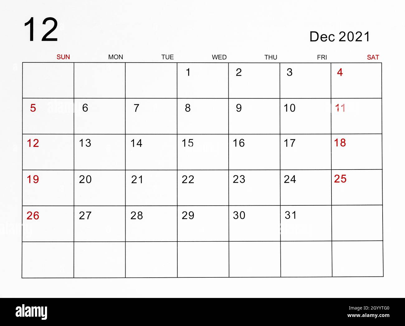 Il modello di calendario di dicembre 2021 Foto Stock