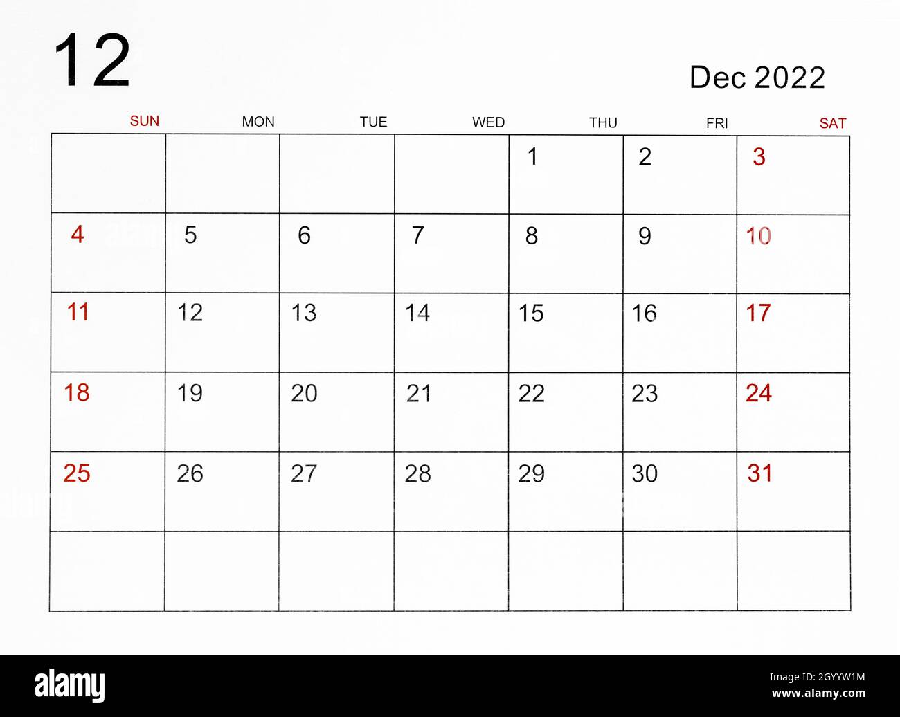 Il modello di calendario di dicembre 22 Foto stock - Alamy
