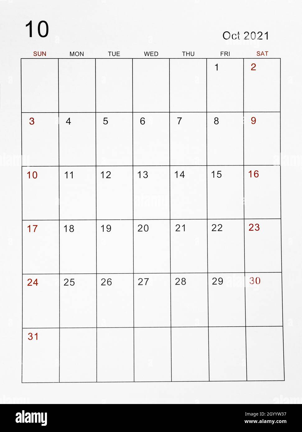 Il modello verticale del calendario di ottobre 2021 Foto stock - Alamy