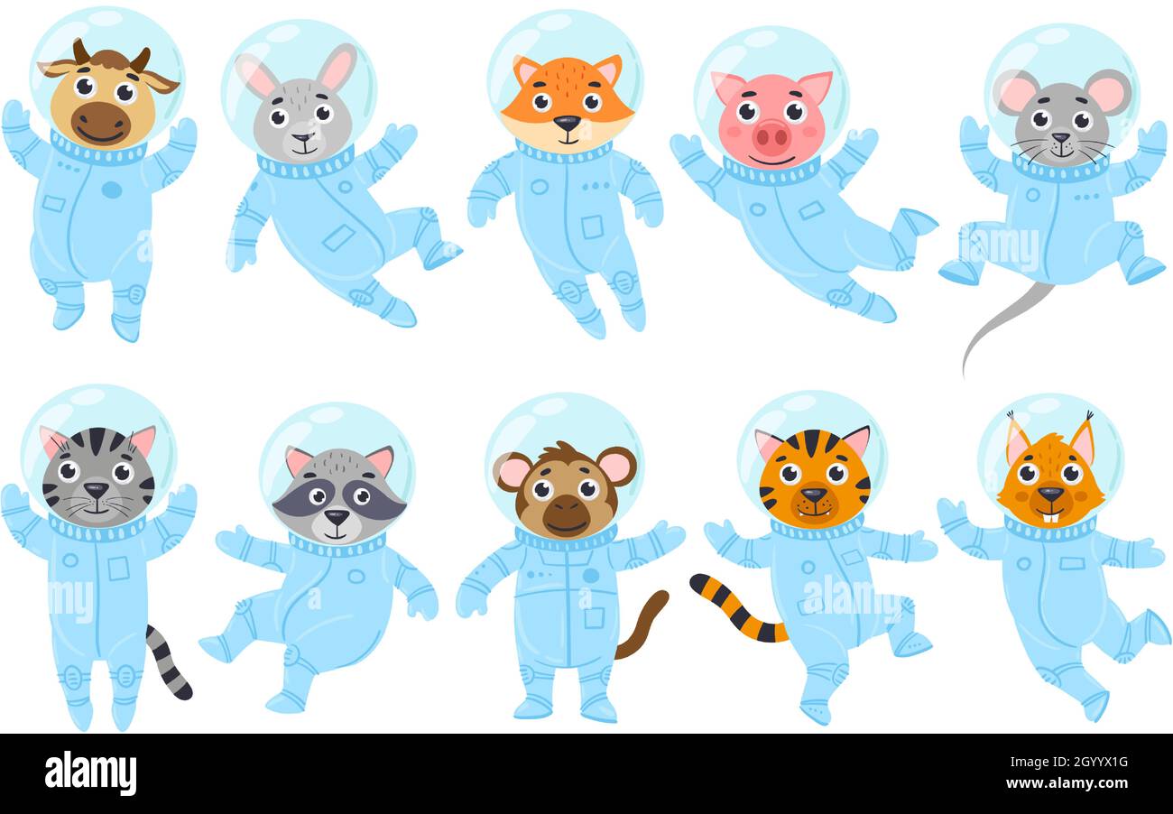 Animaletti carini, astronauti di maiale, topo e gatto in tute spaziali. Spazio cosmonauti raccoon, mucca, scimmia vettore illustrazione set. Galassia animali Illustrazione Vettoriale