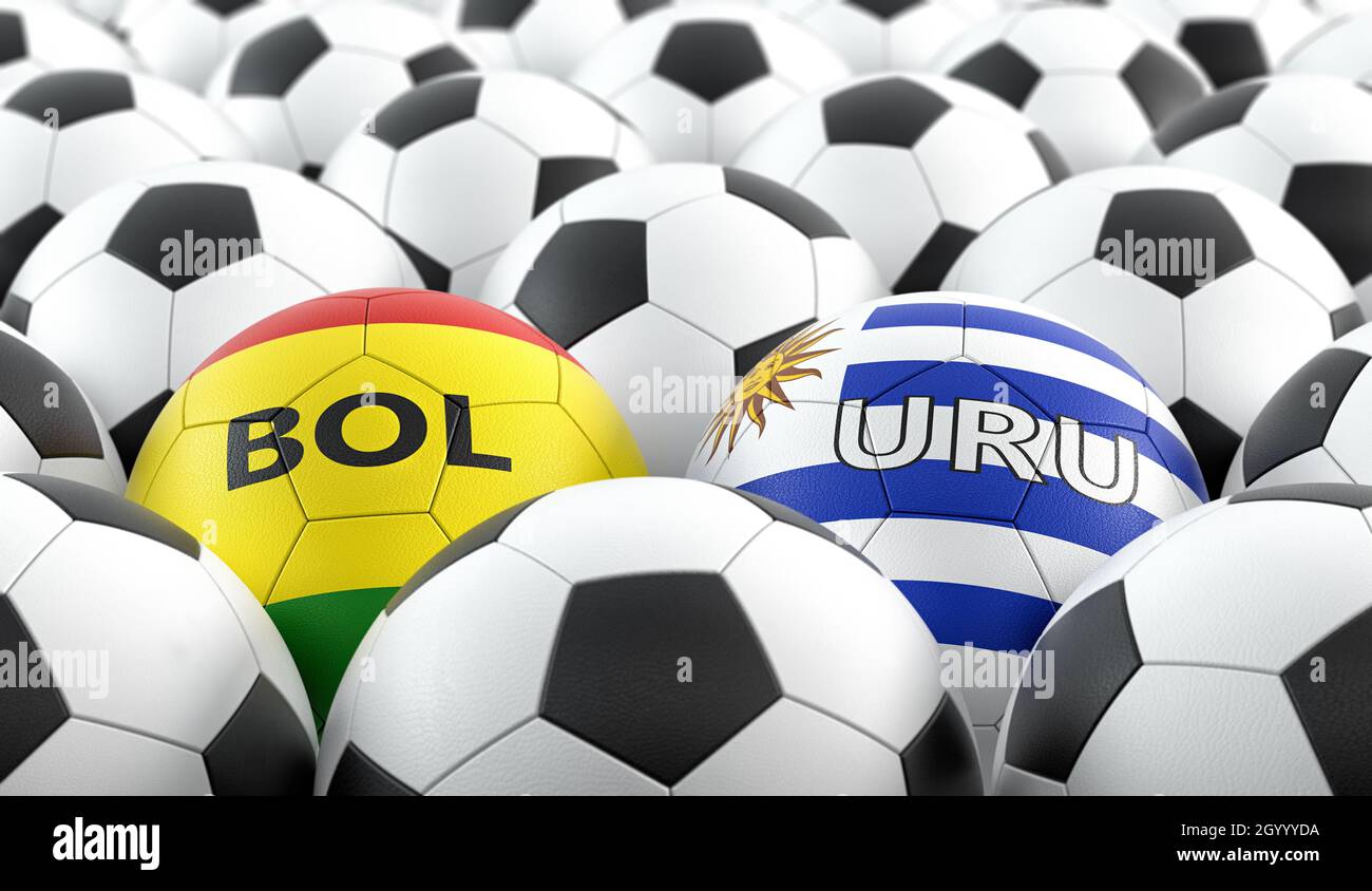 Partita di calcio Uruguay vs Bolivia - sfere di pelle nei colori nazionali Uruguay e Bolivia. Rendering 3D Foto Stock
