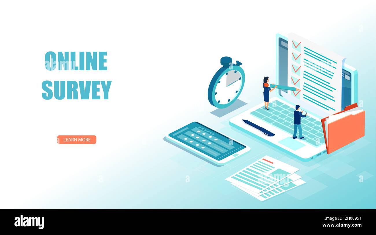 Vettore isometrico di un sondaggio online, feedback e concetto di soddisfazione del cliente Illustrazione Vettoriale