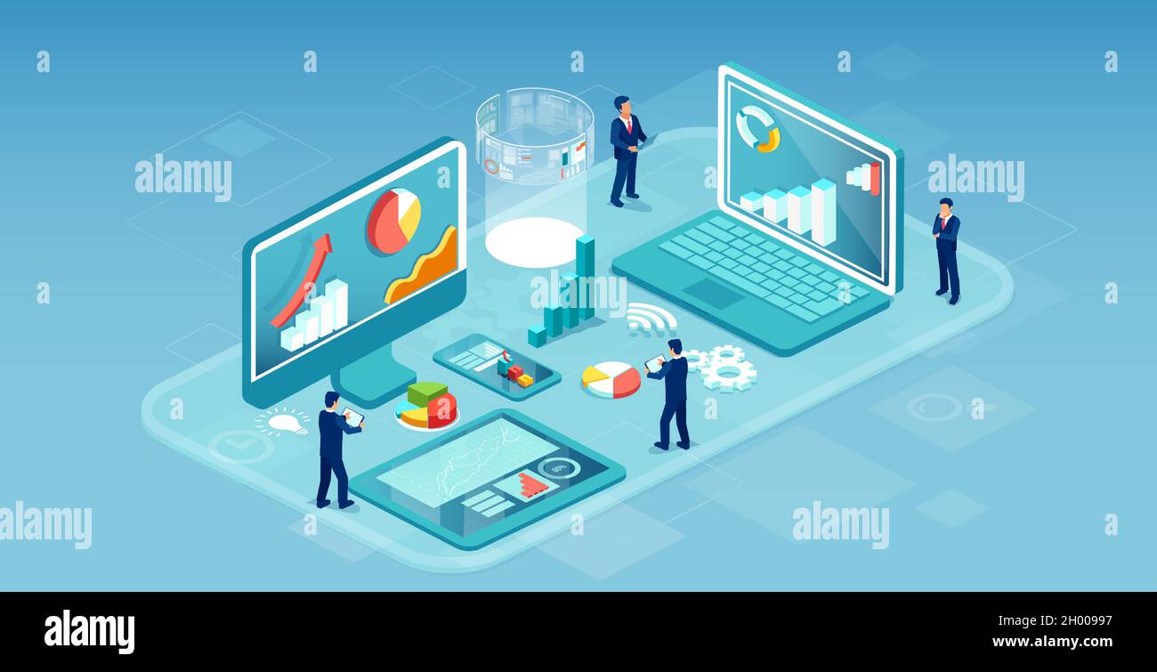 Vettore di un team di persone aziendali che sviluppa app mobili finanziarie per l'Internet banking Illustrazione Vettoriale