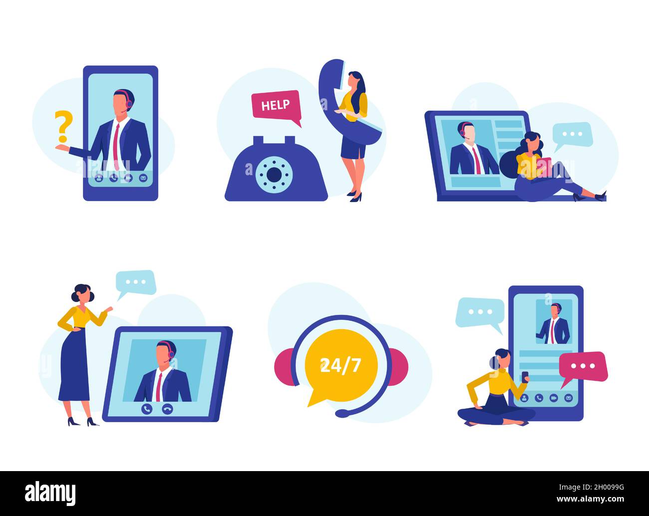 Vettore di un servizio di assistenza tecnica virtuale, assistente personale e concetto di operatore hotline. Illustrazione Vettoriale