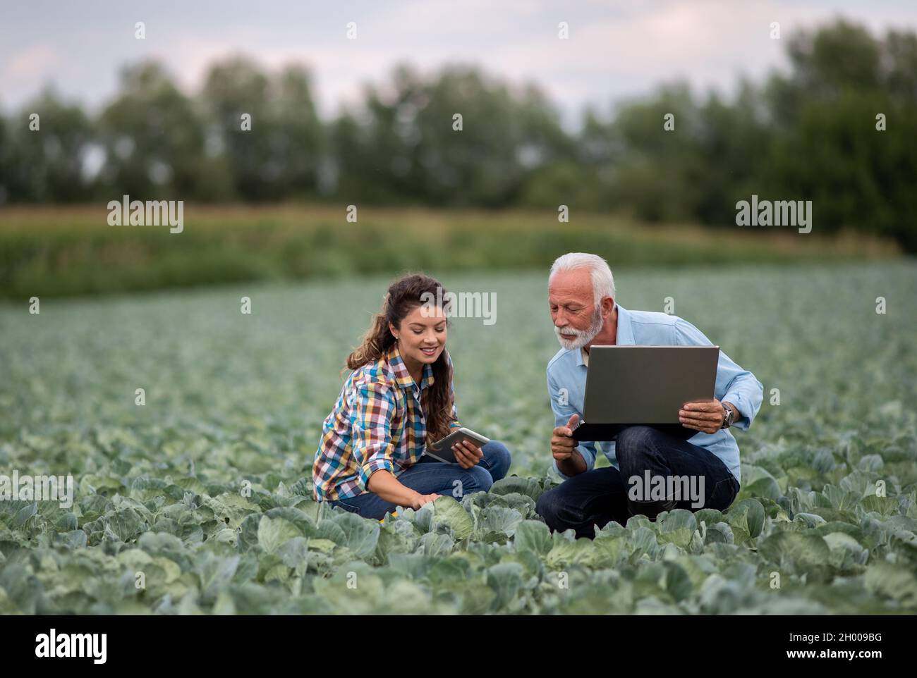 Agricoltore maturo e giovane donna con computer portatile che si  accovacciano in orto e che controlla la qualità Foto stock - Alamy