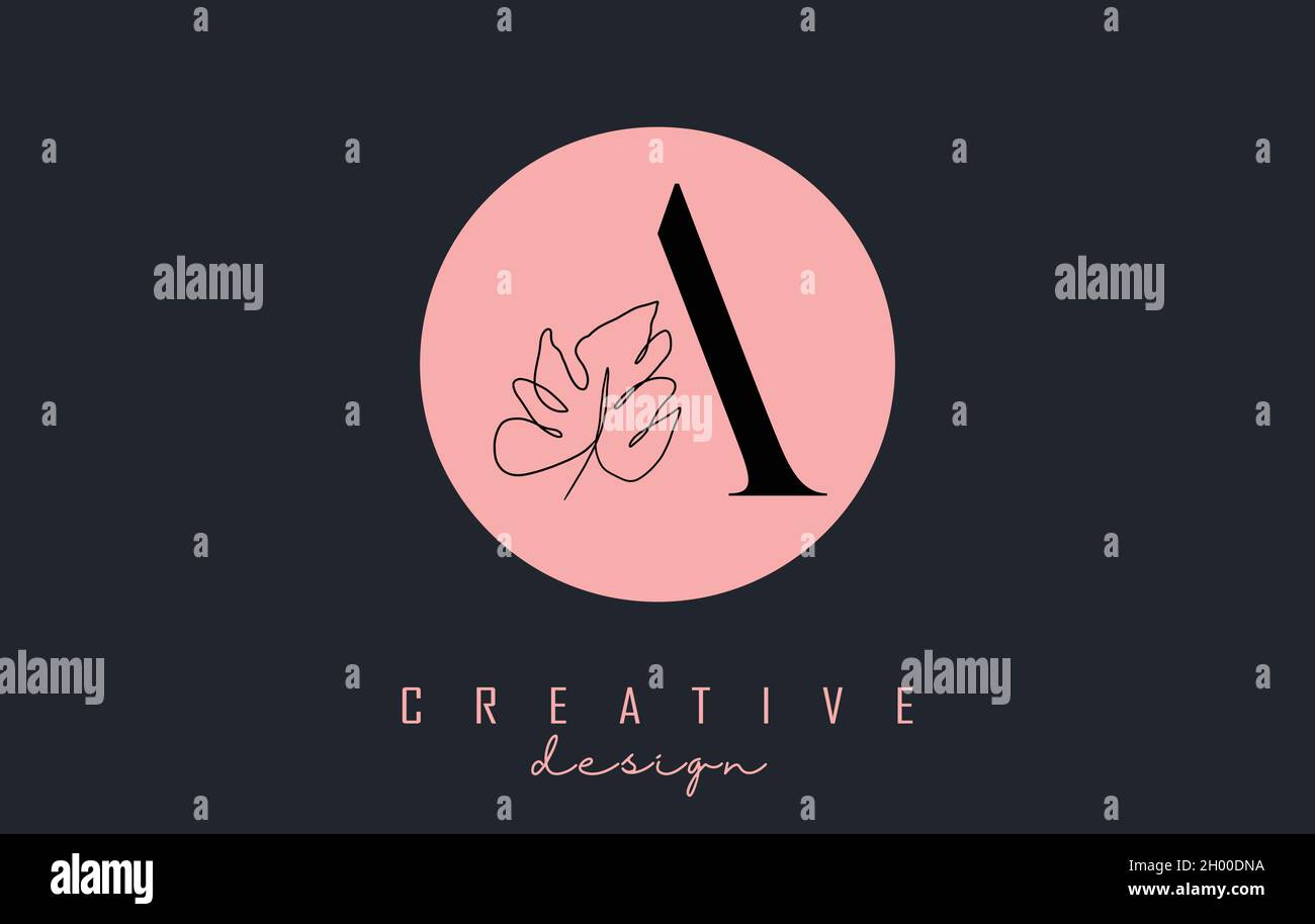 Un disegno del logo della lettera con la foglia di Monstera una linea che disegna su un disegno vettoriale di sfondo del cerchio rosa. Icona minimalista. Illustrazione Vettoriale