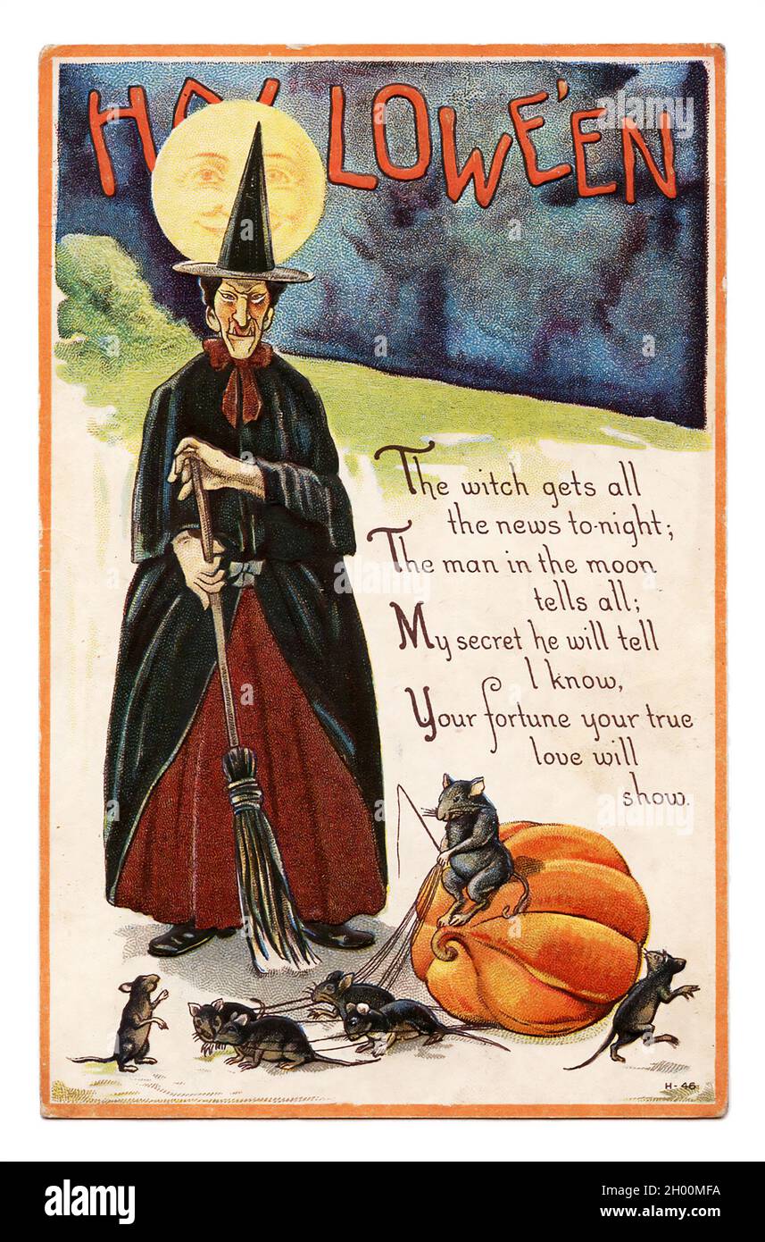 Biglietto d'auguri vintage di Halloween / cartolina. Primi del 1900. Una strega con topi. Foto Stock
