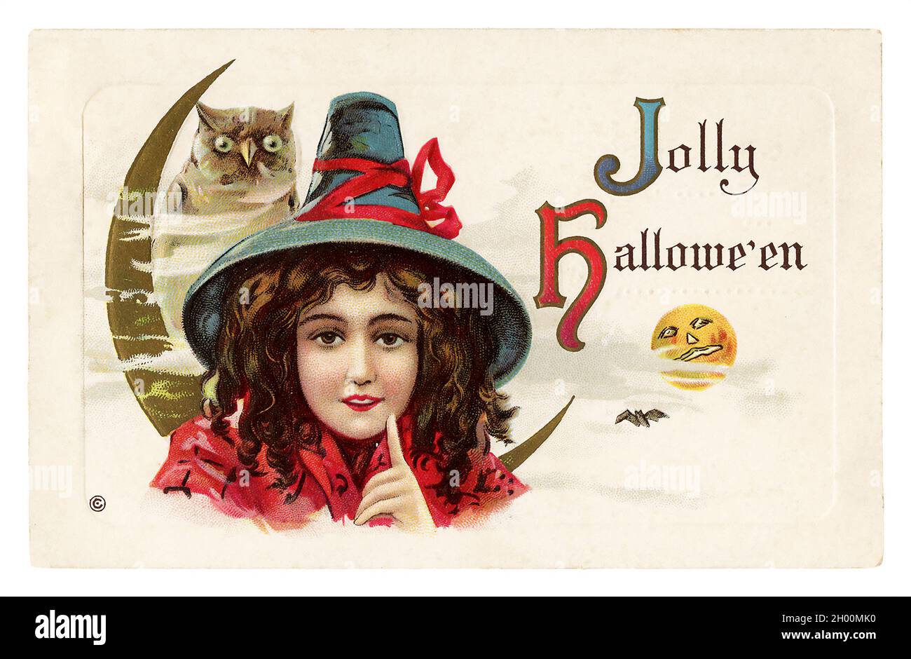 Biglietto d'auguri vintage di Halloween / cartolina. Primi del 1900. Jolly Halloween. Una ragazza e un gufo. Foto Stock