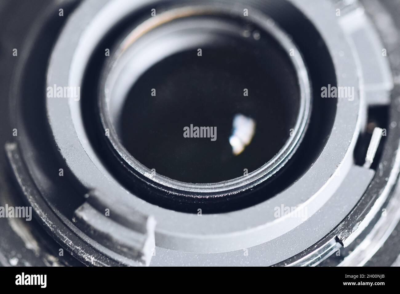 Macro closeup di un obiettivo della fotocamera pulito Foto Stock